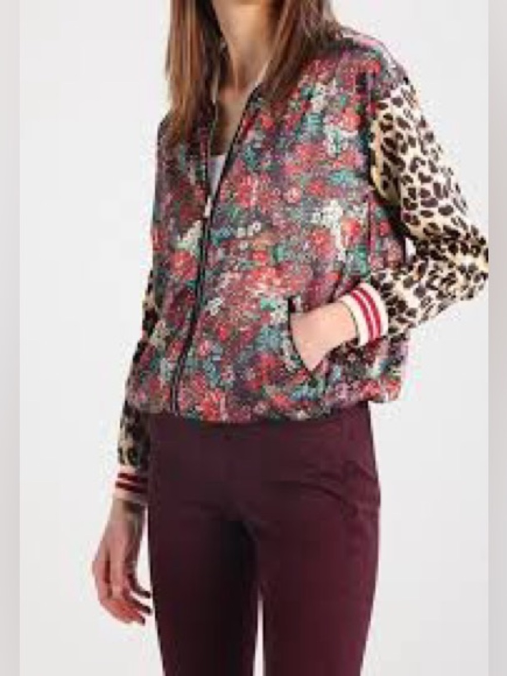 Floral-print Bomber Jacket with Leopard Sleeves - Multi